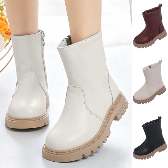 Kids Simple Smooth Faux‑Leather Mid‑Calf Boots, Inner Side Zipper Girls Casual Chelsea Booties, Chunky Lug Non‑Slip Sole Boots