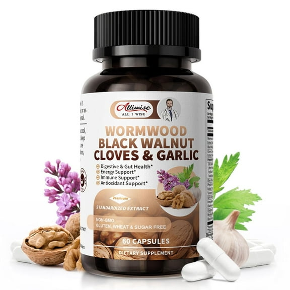 Black Walnut Wormwood Capsules, Rapid Gut Cleanse & Digestive Health with Clove Garlic Turmeric,wormwood black walnut complex, Vegan Gluten-Free, 60 Capsules