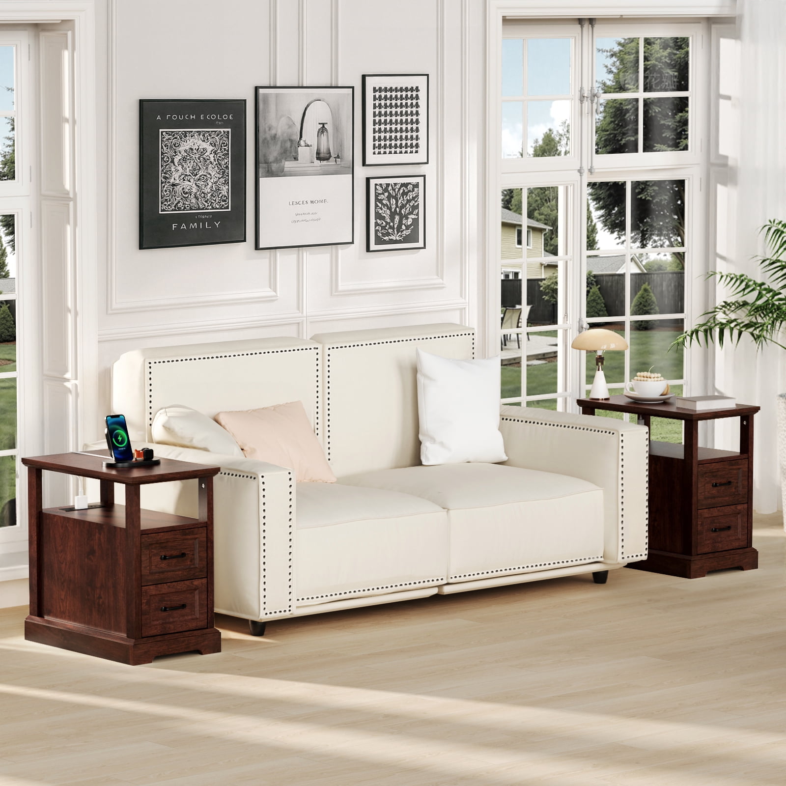 Hommpa 2 Drawers End Tables With Charging Station For Living Room, Farmhouse Narrow Sofa Side Table For Small Spaces, Nightstand Bedside Table with Storage For Bedroom, Brown
