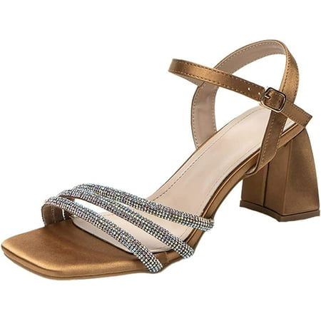 

CoCopeaunts Rhinestones Dressy Sandals for Women Block Chunky High Heel Sandals Open Toe Strappy Sparking Comfort Sandals Heeled