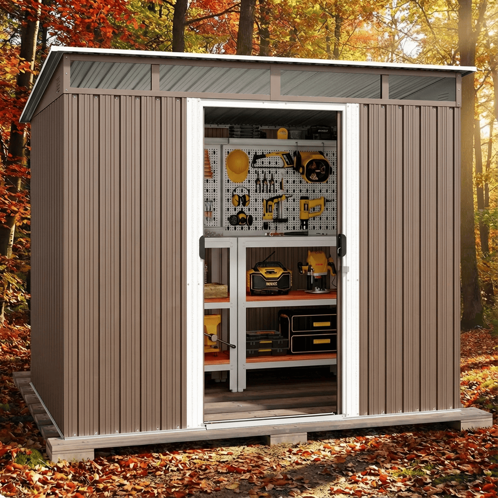 7.4'x5.3' FT Galvanized Steel Outdoor Storage Shed, Sliding Door Design, Multipurpose for Bike & Tool Storage - Brown