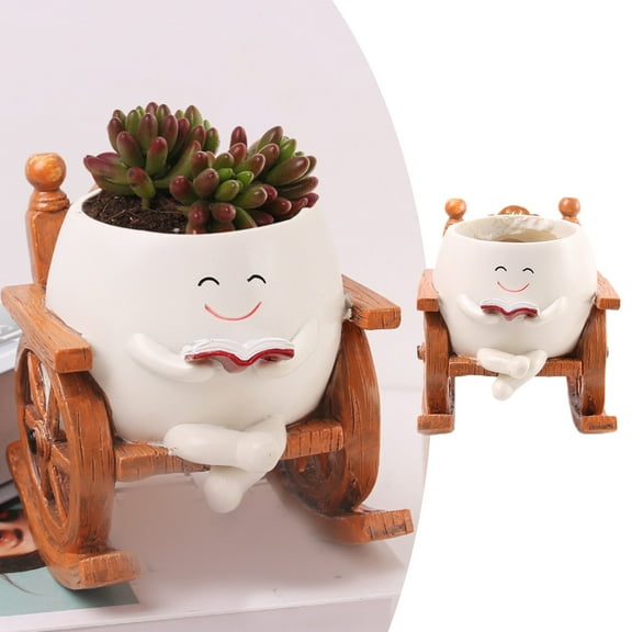 Cute Resin Flower Head Planters 2025 New, Smily Face Planter Pots for Indoor Plants, Sit Rocking Chair Succulent Flower Pots with Drainage Hole, Gift IdeaI for Birthday (White)