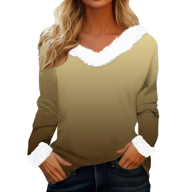 T-Shirt à Manches Longues pour Femmes Liquidation T-Shirt en Polyester pour Femmes T-Shirt de Noël en Peluche Col en Peluche Poignets en Peluche Dégradé T-Shirt à Manches Longues