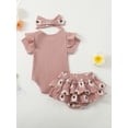thumbnail image 5 of BemeyourBBs Newborn Baby Girls Summer Clothes Baby Girls Daddy's Girl Outfit 0 3 6 12 18 Months Letters Print Short Sleeve Ribbed Romper Floral Ruffled Shorts Set Hairband, 5 of 9