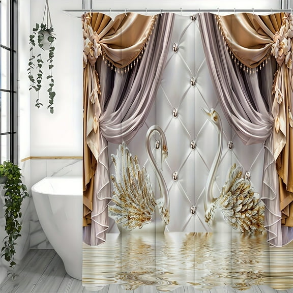 Luxury 3D Swan Shower Curtain Elegant Curtain Design Fancy Bathroom Decor Beige & Gold