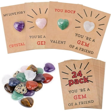 Valentines Day Gifts for Kids - 24 Pack Valentines Cards with Heart-Shape Crystals - Valentine Gift Exchange for Toddlers Class Classroom School Favor