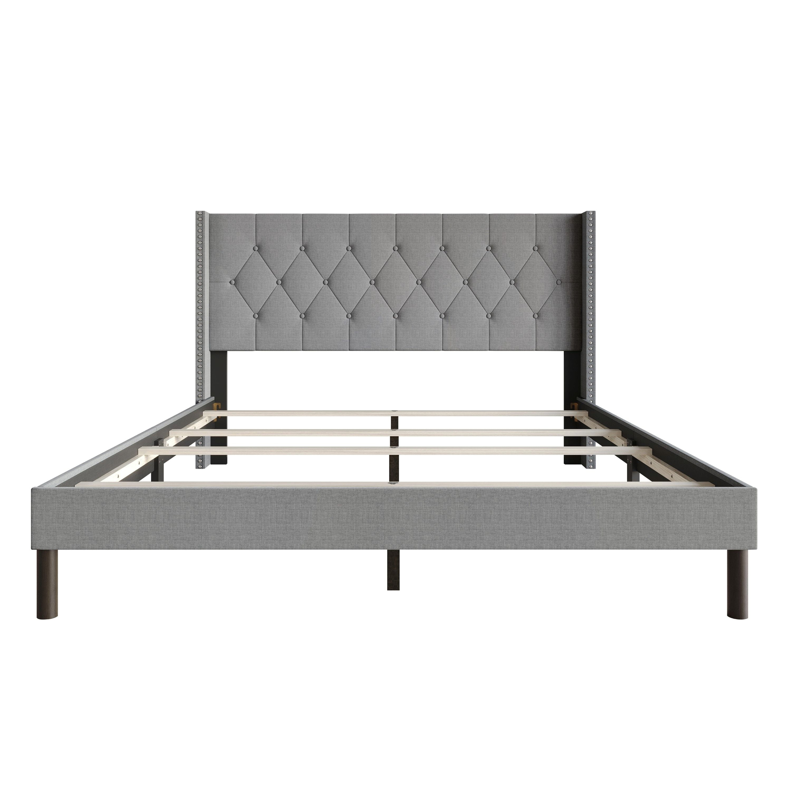Home Design Cicero Queen Tufted Upholstered Wingback Panel Bed Frame with Button-Tufted Headboard & Nailhead Trim, Gray, Easy Assembly