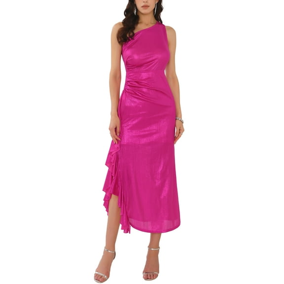 INSPIRE CHIC Women's One Shoulder Dress Sparkly Ruched Ruffle Bodycon Cocktail Dress S Hot Pink