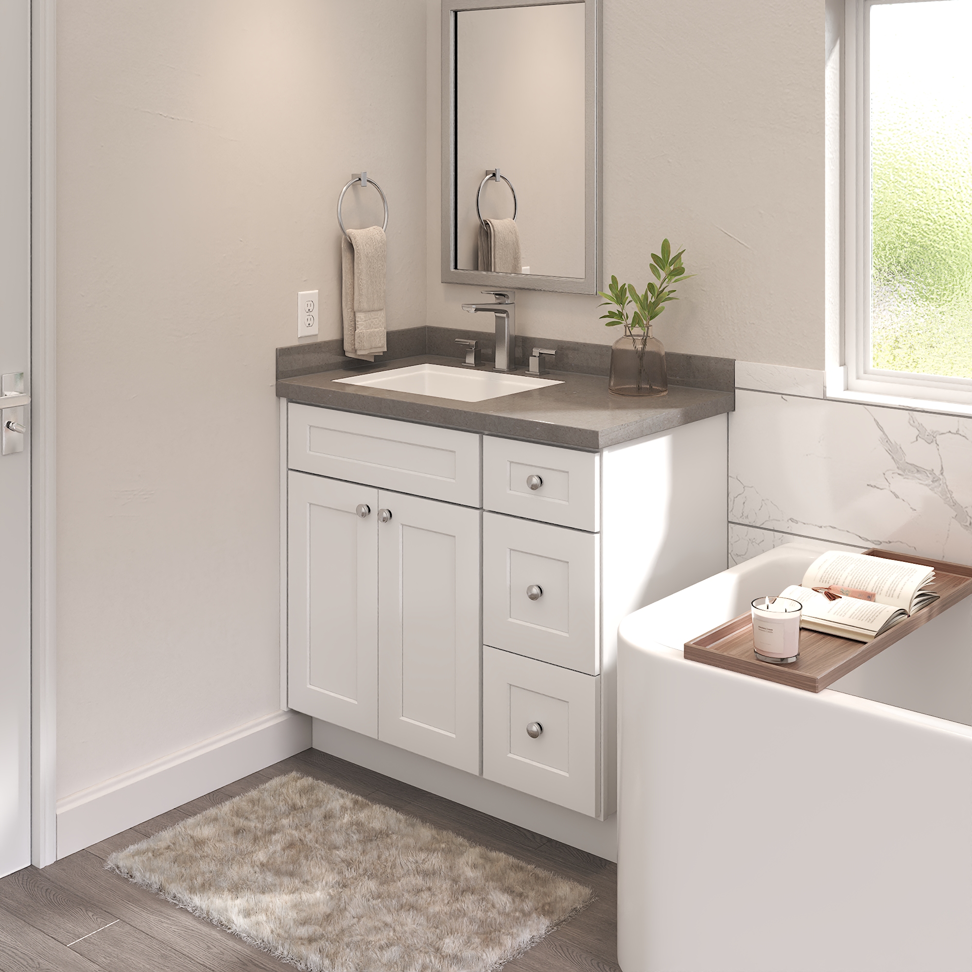 Furinno SHAKER Drawers Right Bath Vanity Cabinet without Top, Ready to Assemble, 21 D x 36 W x 34.5 H, White