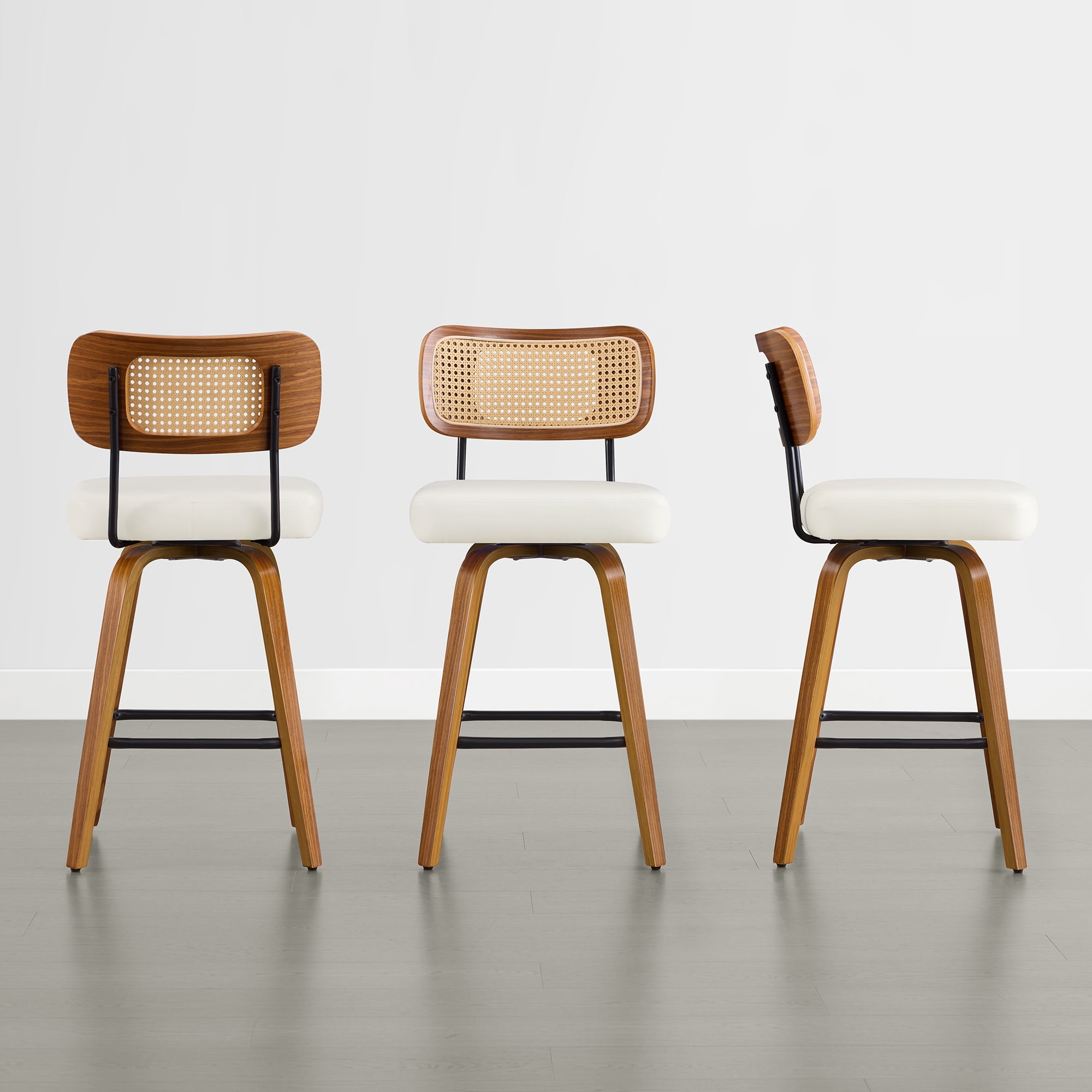 Spruce & Spring 26" Swivel Counter Bar Stool with Walnut Bentwood Frame Set of 3, PE Rattan Back, Ivory
