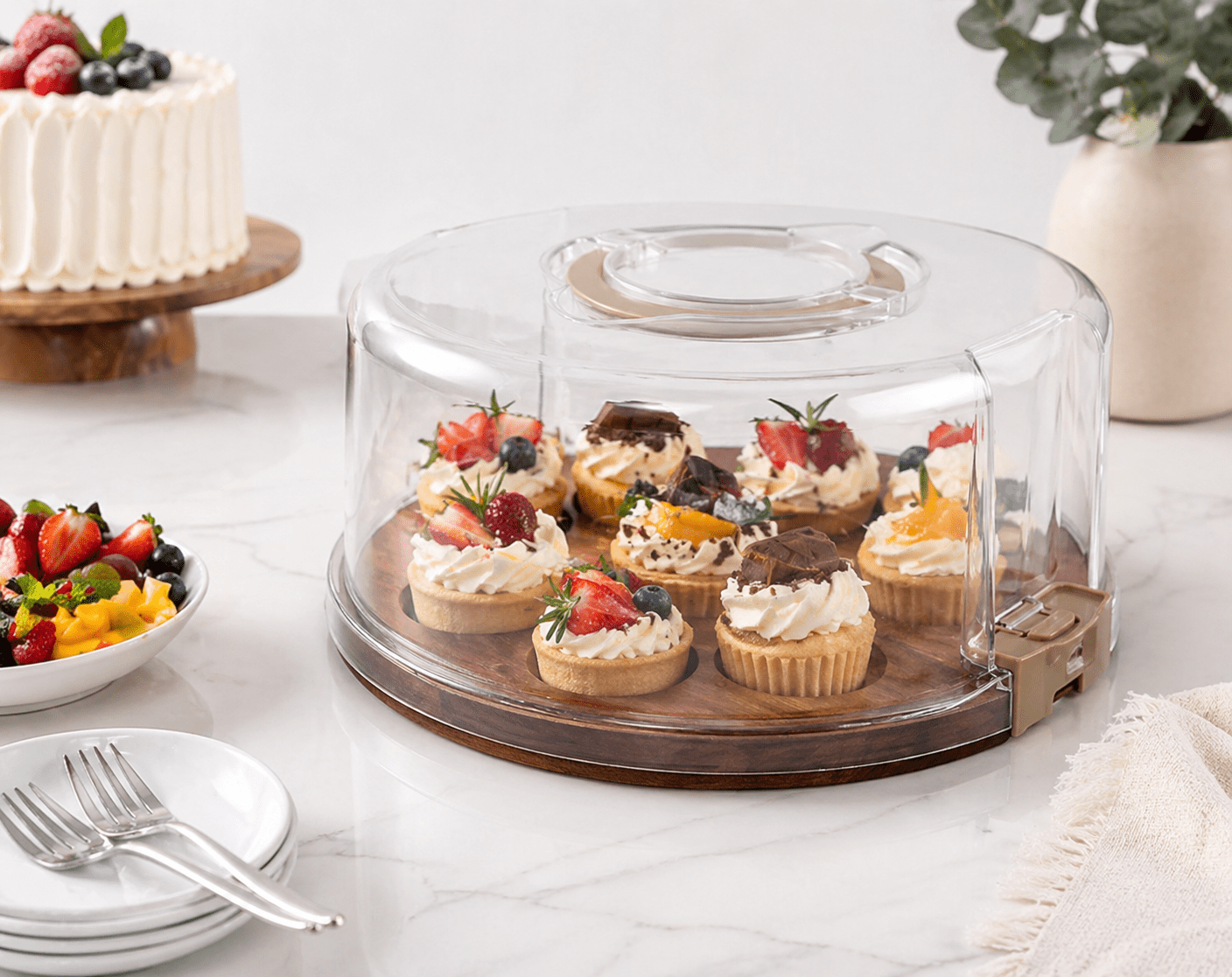Cook with Color Acacia Wood Cake and Cupcake Carrier with Reversible Tray and Locking Lid, Round, Ideal Use for Entertaining and Party Transportation