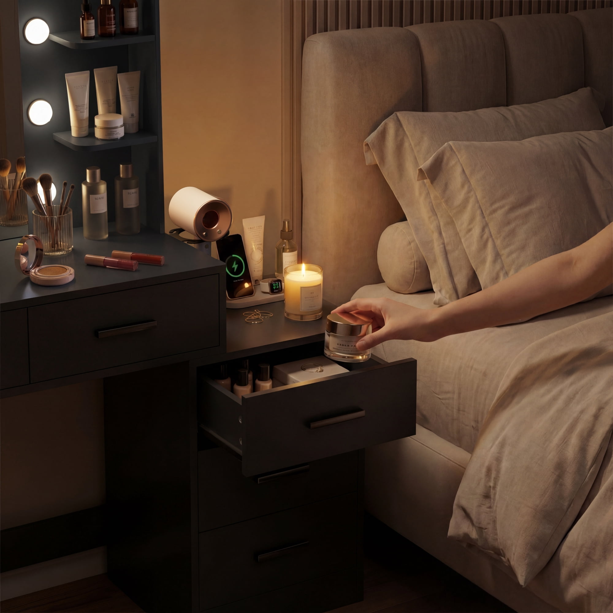 Homall Makeup Vanity Desk with LED Lights, Mirror & Power Outlet, Dressing Table with 4 Shelves and 5 Drawers, Vanity Set & Nightstand for Bedroom, Black