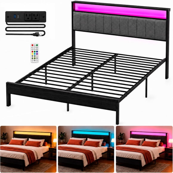 Base Cama Matrimonial Led Usb C Repisas Cabecera Acero 300kg