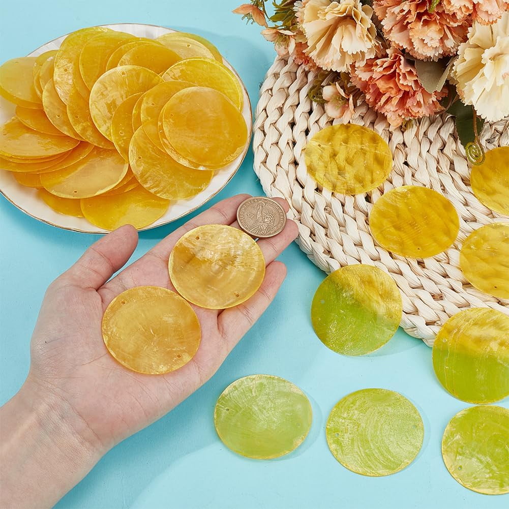 120Pcs Yellow Flat Round Shells Pieces 2 Inch Gold Natural Shells with 2 Holes Natural Capiz Shell Charms Round Slice Shell Disc Coin Beads