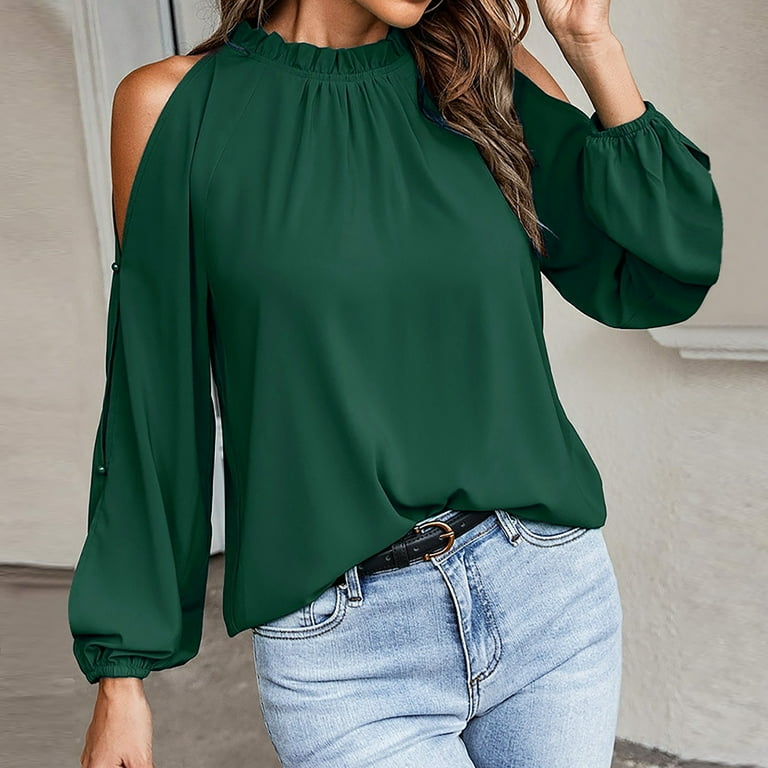 Sayhi Womens Summer Tops 2023 Long Sleeve Shirts Cold Shoulder