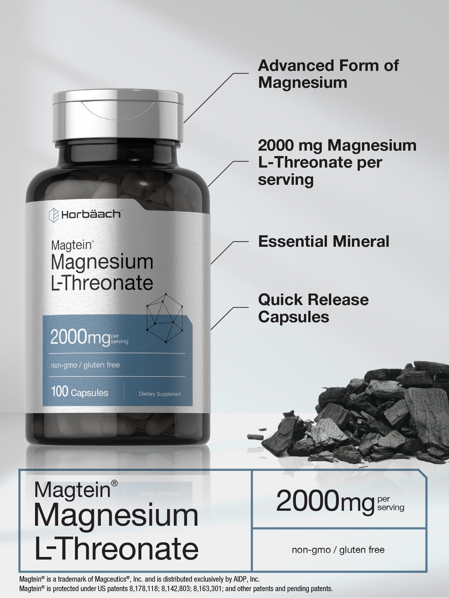Magtein Magnesium L-Threonate Supplement for Men and Women | 2000mg | 100 Capsules | by Horbaach