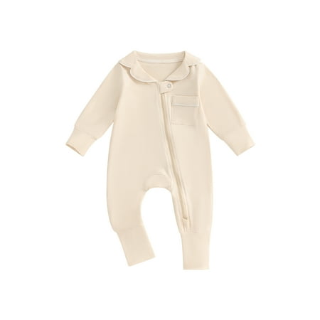 

Nygoyerh Baby Girls Boys Romper Solid Color Lapel Neck Long Sleeves Zipper Front Full Length Lounge Jumpsuit Newborn 3M 6M 9M 12M Cute Infant Clothing