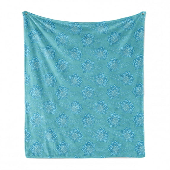 Floral Soft Flannel Fleece Throw Blanket, Pointy Petals Flowers Leaves in Vivid Aquatic Tones, Cozy Plush for Indoor and Outdoor Use, 70" x 90", Sky Blue Seafoam, by Ambesonne