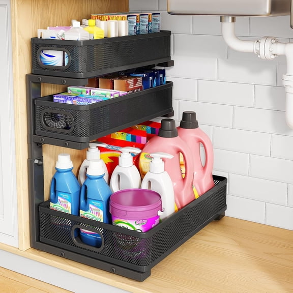 HERJOY Under Sink Organizer, 2-Pack 3-Tier Height Adjustable Thickened Metal Pull out Cabinet Organizer Shelf, Slide out Storage Drawer Rack for Bathroom Kitchen Pantry Home Laundry Organization