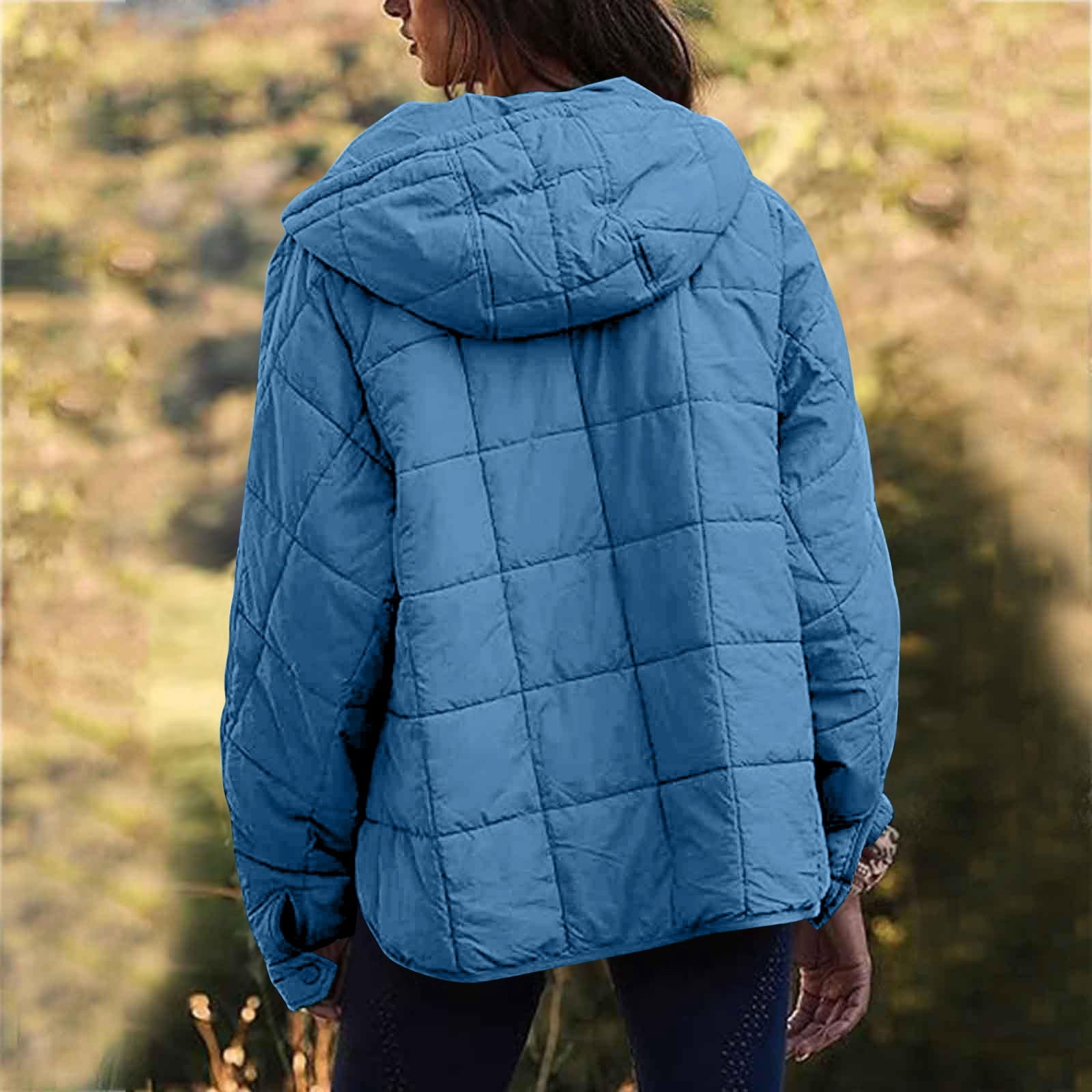 Rigardu Hoodies for Women Pullover Women's Quilted Pullover Puffer Jacket Oversized Long Sleeve Hooded Coats Winter Warm Lightweight Outwear with Pocket Womens Hoodies Blue Xl