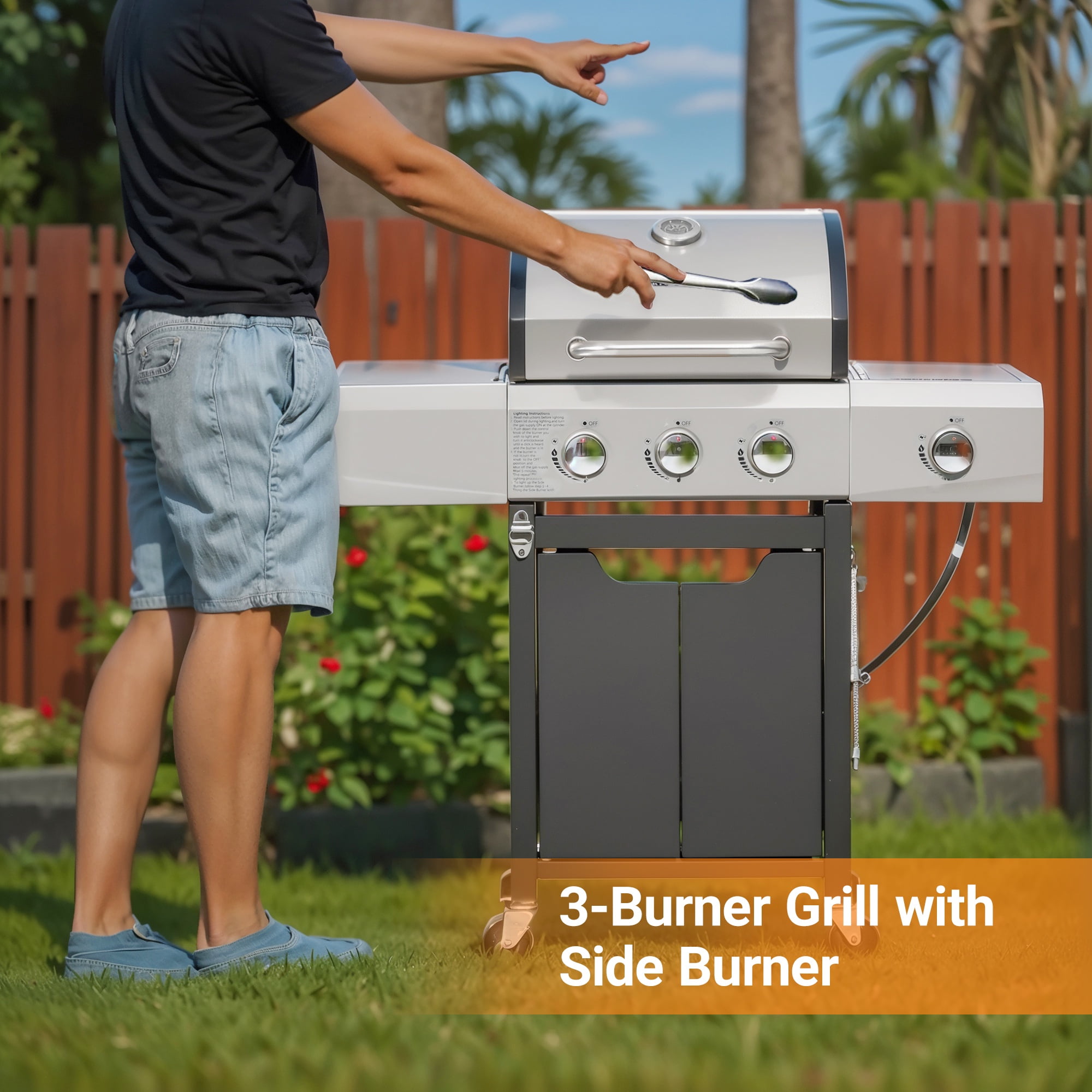 Gas Grill w/Side Burner, 40500BTU Propane Grill with Cover, Stainless Steel Outdoor BBQ 2 Cooking Areas, Portable Grill for Camping Patio