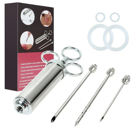 Oversized Injector - 304 Stainless Steel Seasoning Meat Injector Kit with 2-oz Large Capacity Barrel + 3 Needles + 4 Spare O-rings Professional Marinade for Beef Chicken Turkey