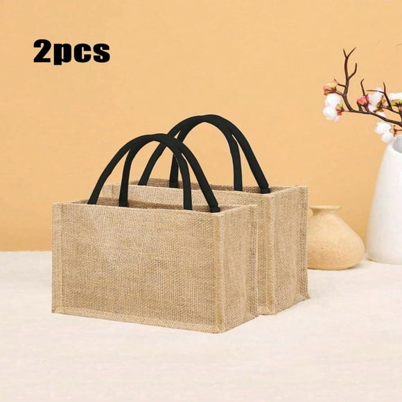 LNGOOR 2pcs Double Handle Burlap Tote Bag Mini Shopping Bag Simple Jute Beach Large Shopping Bag Reusable Grocery Storage Bag Beach Bag Vacation Bag Multifunctional Mommy Bag Holid