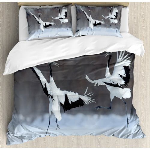Ambesonne Wildlife Dancing Pair Of Red Crowned Crane With Open