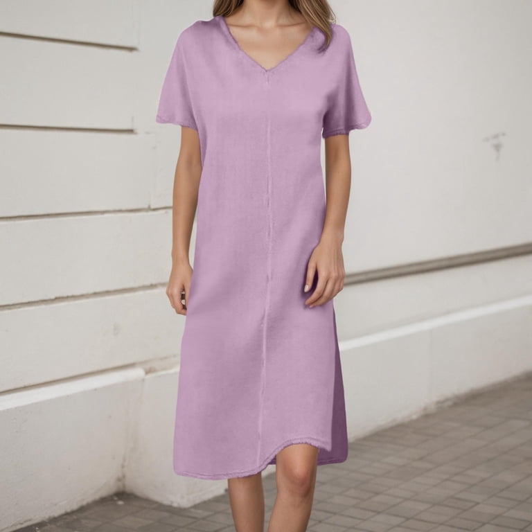 OSOLU Linen Dress Women Mi Long Casual Dresses Short Sleeve Solid Color  Dresses Women Online V-Neck Loose Tunic Vintage Beach Dress Big Size  Fashionable Sundress Dresses For Women 2025 Elegant Classy -