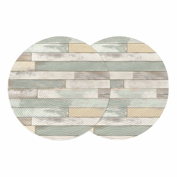 Beige Light Green Round 13 Inch Placemats Set of 2, Farmhouse Wooden Striped HeatResistant Non Slip Place Mats for Dining Table, Wipeable Braided Kitchen Table Mats for Housewarming