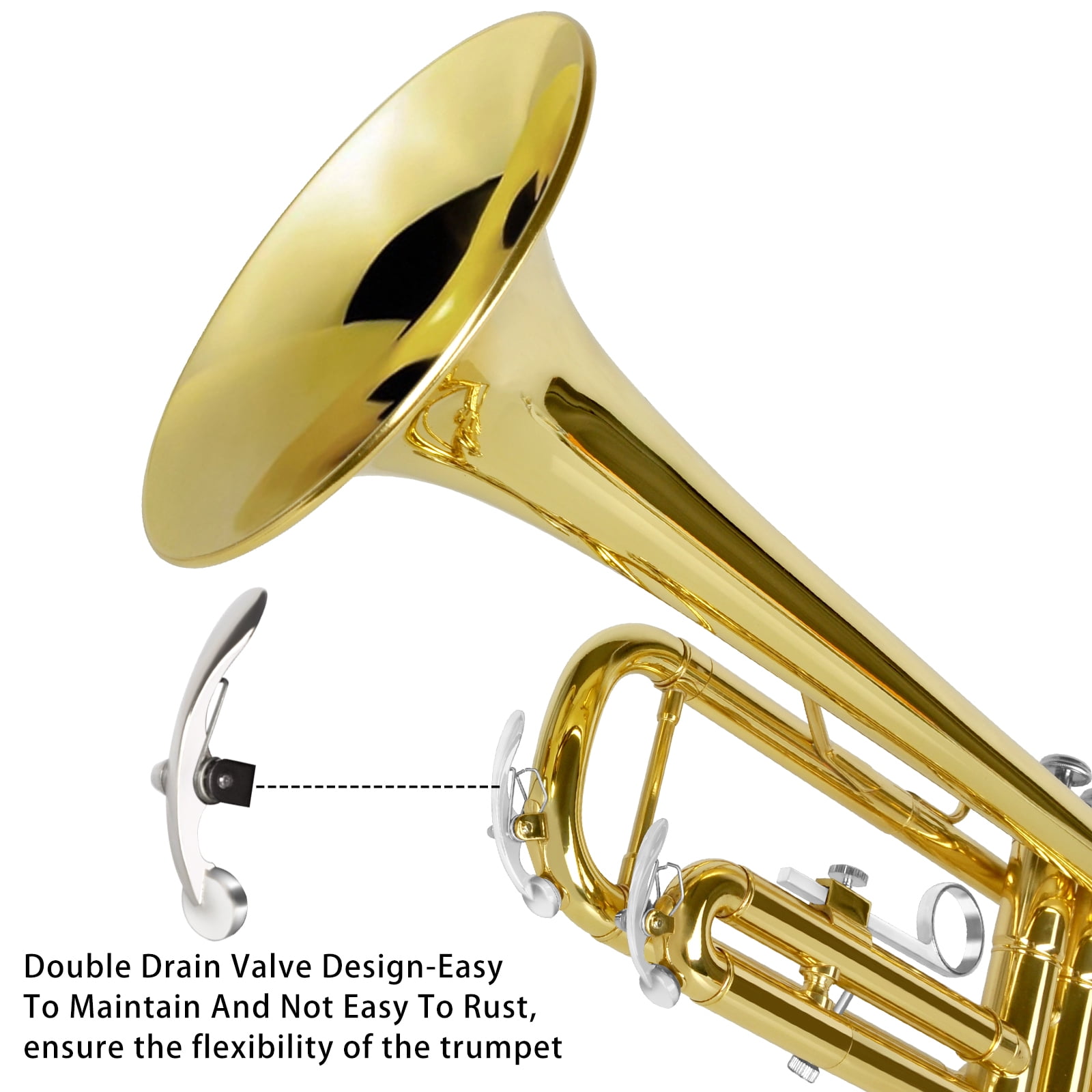 EASTROCK Bb Trumpet Precision Valves with Double Drain & Sweat-Proof Grips Pro Care Kit Included for Novice User Gold