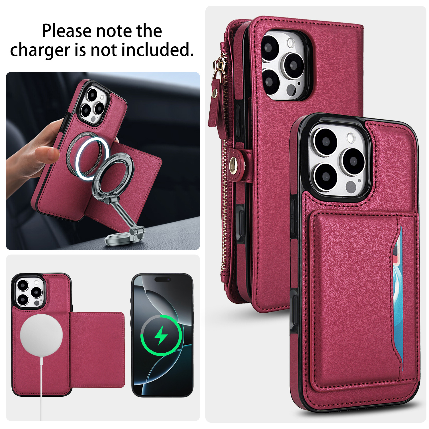 Designed for iPhone 15 Pro Multi-Function Wallet Phone Case,With Shoulder Strap&Wrist Strap,Cash Pocket&Card Slots,Zipper Purse,Magnetic Detachable PU Leather Flip Phone Case,Red