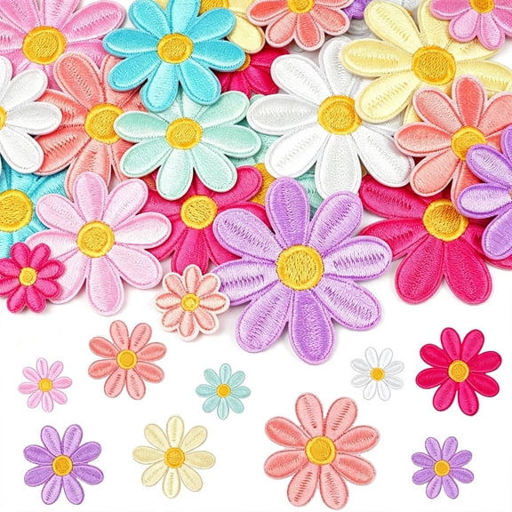 TUWAFE 32 Pcs 4 Sizes Daisy Iron on Patches Cute Colorful Flower Embroidery Applique Patch for Hats Bags Clothes Jeans Jacket Diy Repair and Decor Iron on Patches for Clothes