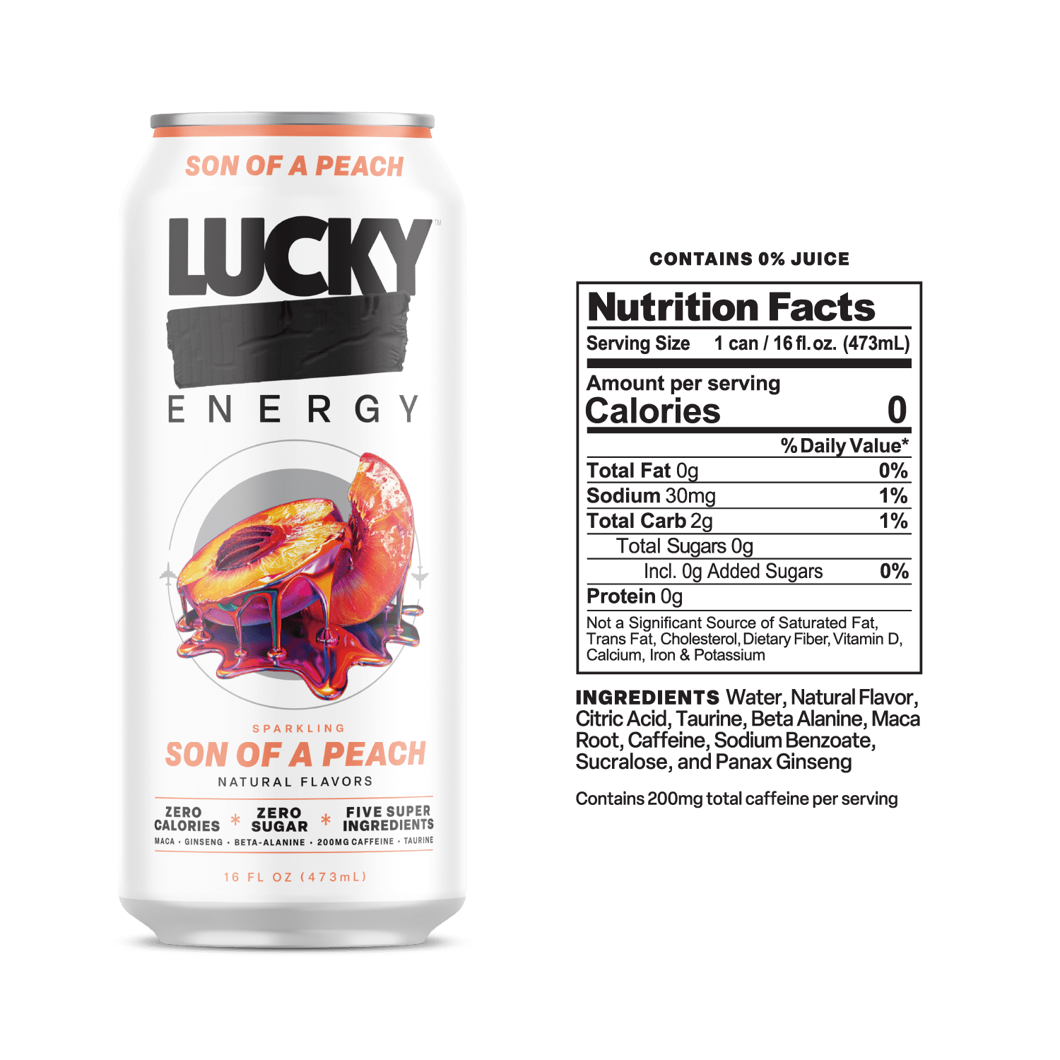 Lucky Energy Sugar Free Energy Drinks, Son of a Peach, 16oz Cans (12-Pack) Healthy, Zero Sugar Energy Drink with Maca, Ginseng, Beta-Alanine, Taurine & 200mg Caffeine