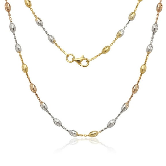 iJewelry2 Tri-color Sterling Silver Diamond-cut Moon Oval Beaded Chain Necklace 18''