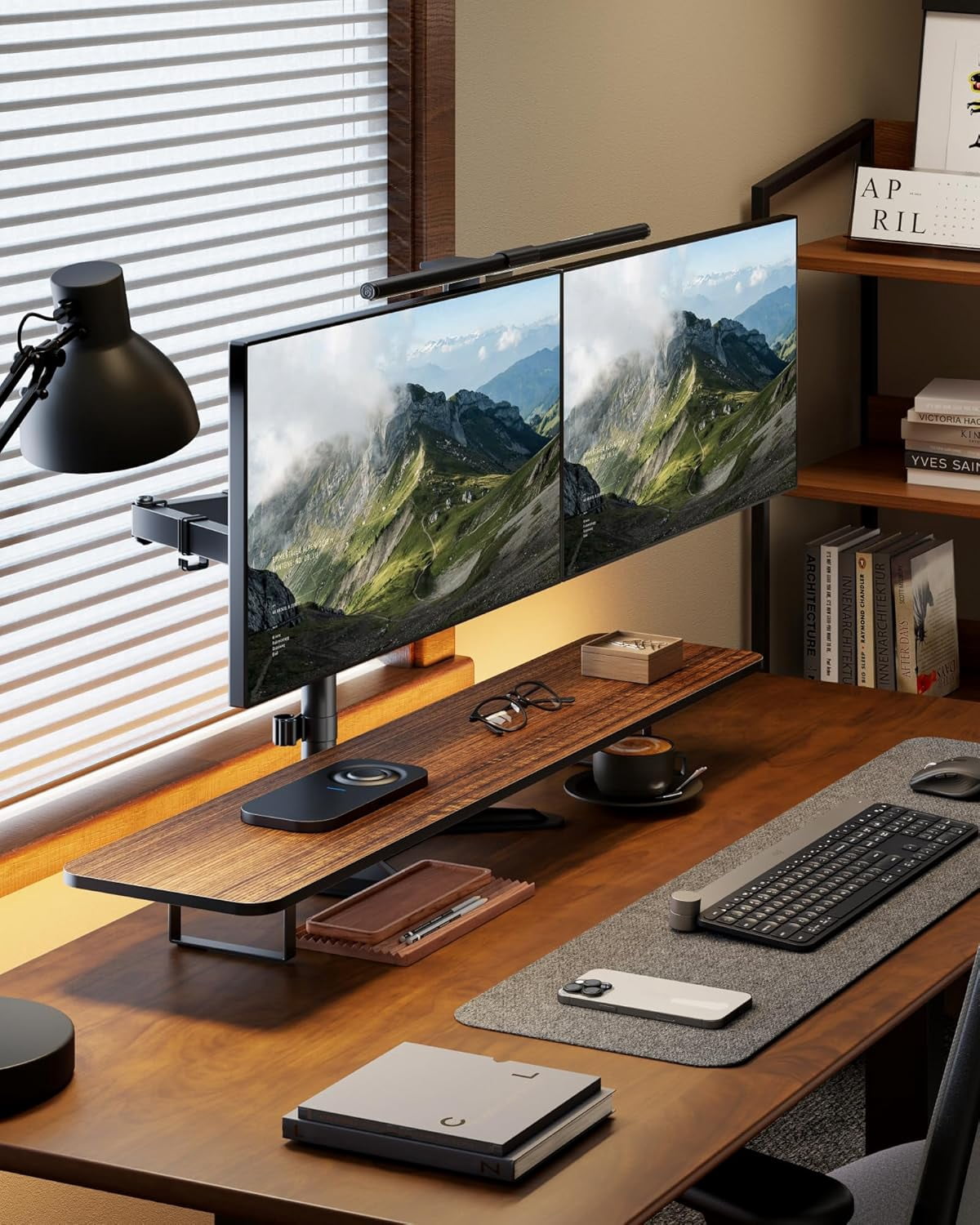 monTEK Freestanding Dual Monitor Stand for 17"–32" Screens, Heavy Duty Monitor Mount with Solid V-Shaped Base, Holds up to 22 lb per Arm, Fully Adjustable VESA 75/100mm Desk Stand, Matte Black