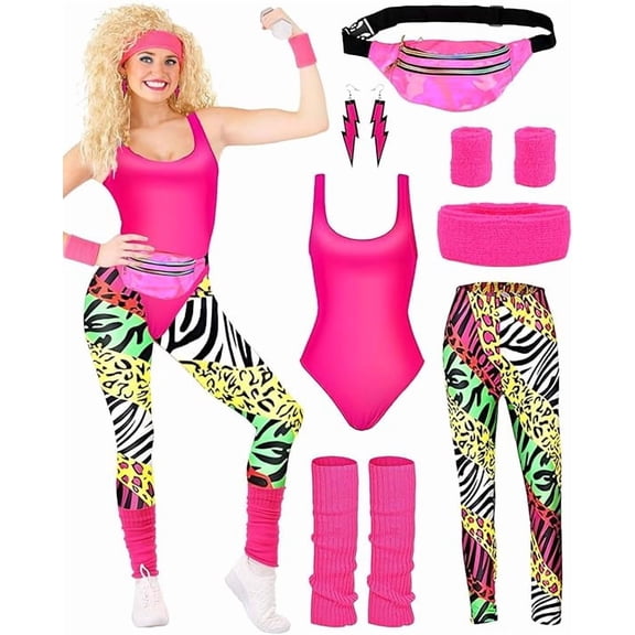AYUQI 80s Costume Outfits Accessories Set,80s Fancy Dress for Women with Headband Earring Leg Warmers,L