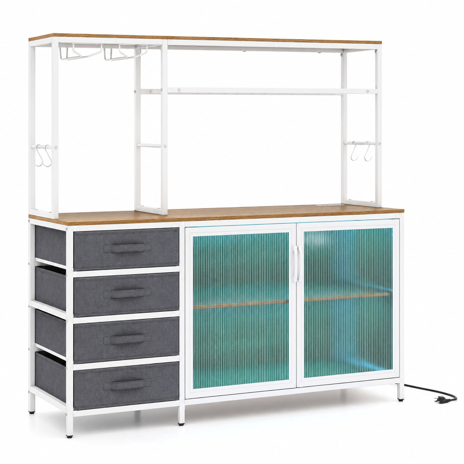 Furnibear Sideboard Buffet Cabinet with LED Lights 55 inch Coffee Table with Power Outlets for Kitchen Dining Living Room Buffet Storage, Natural