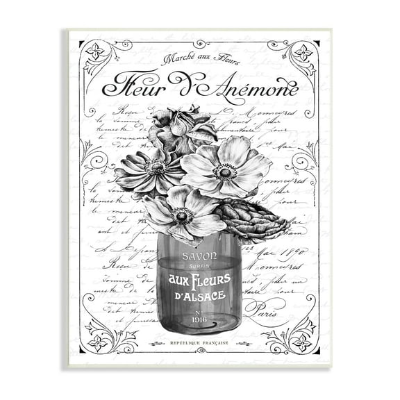 Stupell Industries Anemone Flower French Text Fancy Floral Border Graphic Art Unframed Art Print Wall Art, Design by Lettered and Lined