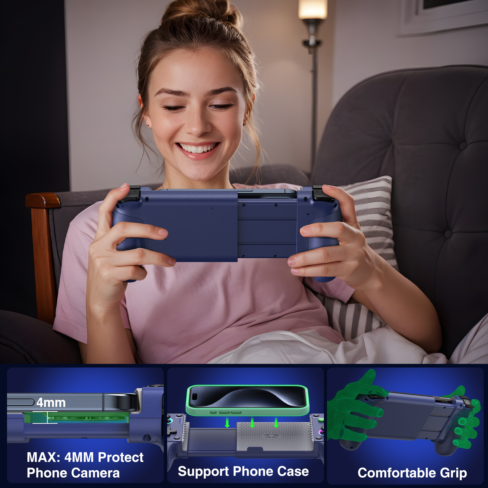 Controlador de Juegos Móvil para iPhone y Android, Controlador Inalámbrico QQV con RGB, Botones Traseros Programables, Diseño Extensible, Azul 6
