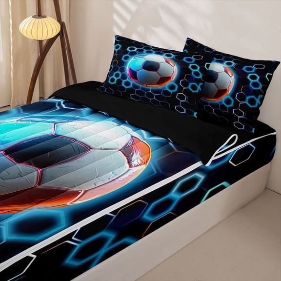 Homewish Football Soccer Zipper Twin Comforter Sets with Fitted Sheet and 2 Pillowcases, Neon Honeycomb Zipper Bedding Set, Black Reversible, 4-Piece