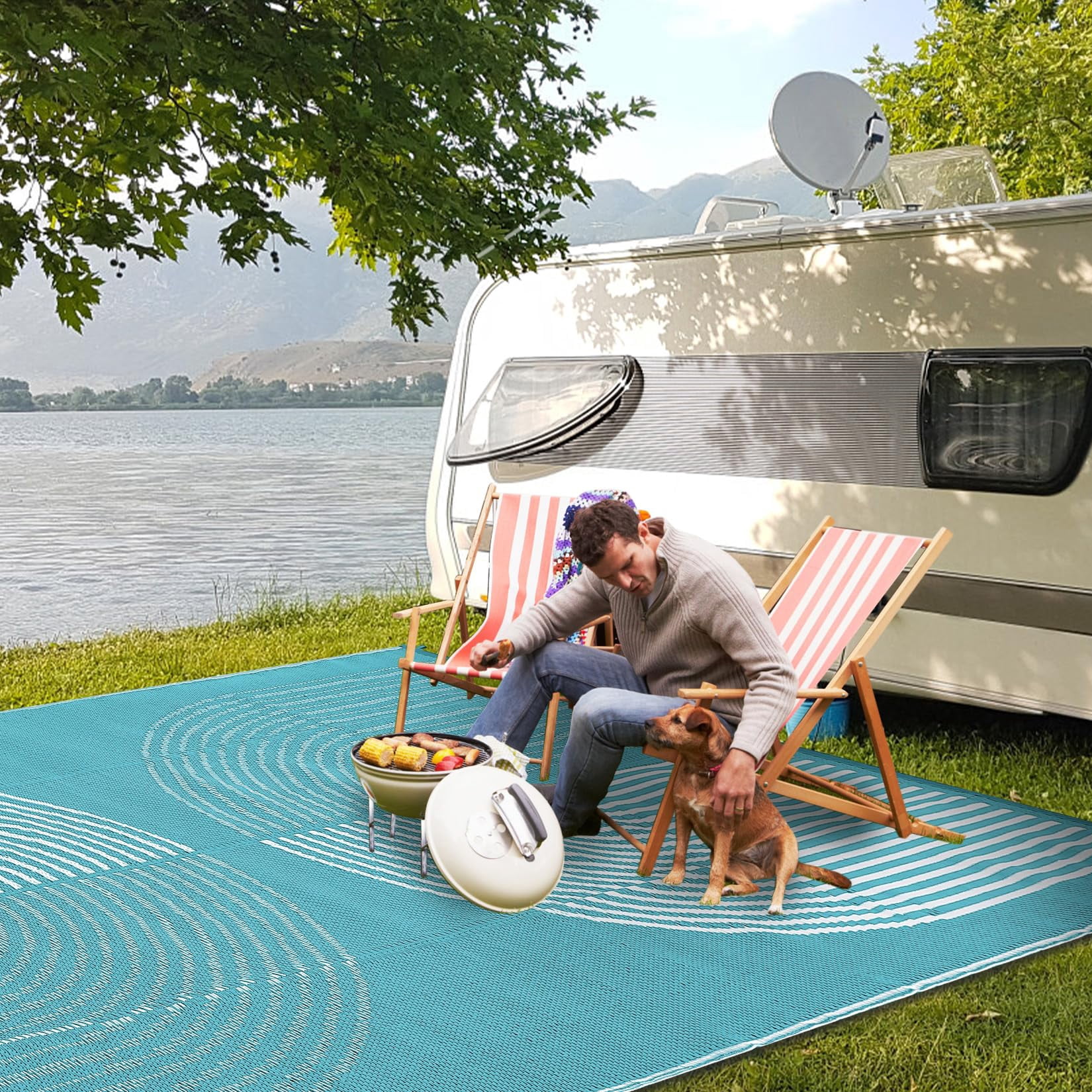 Kicctian Outdoor Rug 6x9 ft Waterproof Plastic Straw Rug for Patio, UV Resistant Reversible Floor Carpet Outside Portable RV Camping Pat for Balcony, Porch, Backyard, Light Blue & White