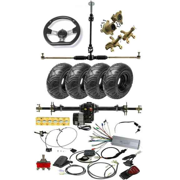 34" Go Kart Rear Axle Kit & 48V 1000W Electric Brushless Motor Controller Differential & 13x5.00-6" Wheels Tires   Front Steering Shaft for ATV Quad Buggy 4 Wheelers Dolly Cart Trike Tricycle