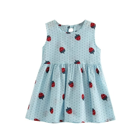 

GWAABD Girls Spring Dress Blue Cotton Blend Dress Strawberry Sundress Girls Sleeveless Kids Princess Children Summer Casual Girls Dress&Skirt 130