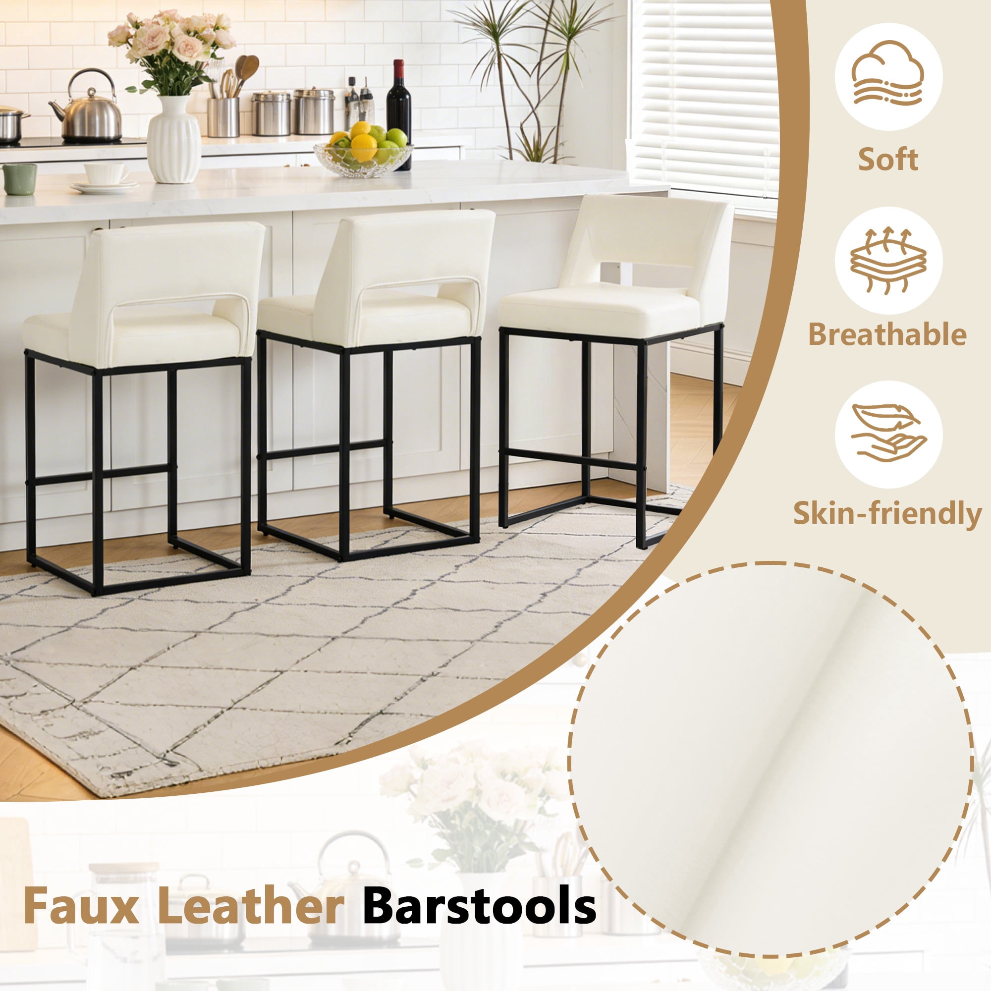 ClinQ Counter Height Bar Stools Set of 1, Hollow Back Kitchen Island Barstools, Upholstered Faux Leather Counter Stools with Metal Frame, Beige
