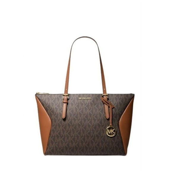 Michael Kors Womens Coraline Large Logo and Leather Tote Bag (BROWN) MK Signature