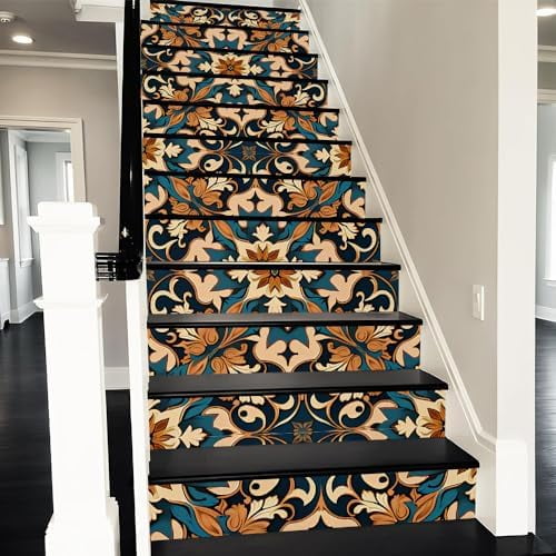 Boho Vintage Brown Damask Peel and Stick Vinyl Stair Riser Decals Staircase Tile Stair Stickers Abstract Boho Art Modern Decoration Self-Adhesive Home Decor Stair Decals (14Pcs)