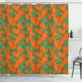 thumbnail image 1 of Tangerine Shower Curtain, Sweet Cartoonish Drawn Juicy Overlap Mandarins Repetition, Fabric Bathroom Set with Hooks, 69W X 75L Inches Long, Pale Vermilion and Shamrock Green, by Ambesonne, 1 of 3