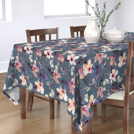 

Cotton Sateen Tablecloth 70 x 108 - Butterflies Hibiscus Flowers Painted Pattern Large Print Butterfly Floral Tropical Purple Botanical Print Custom Table Linens by Spoonflower