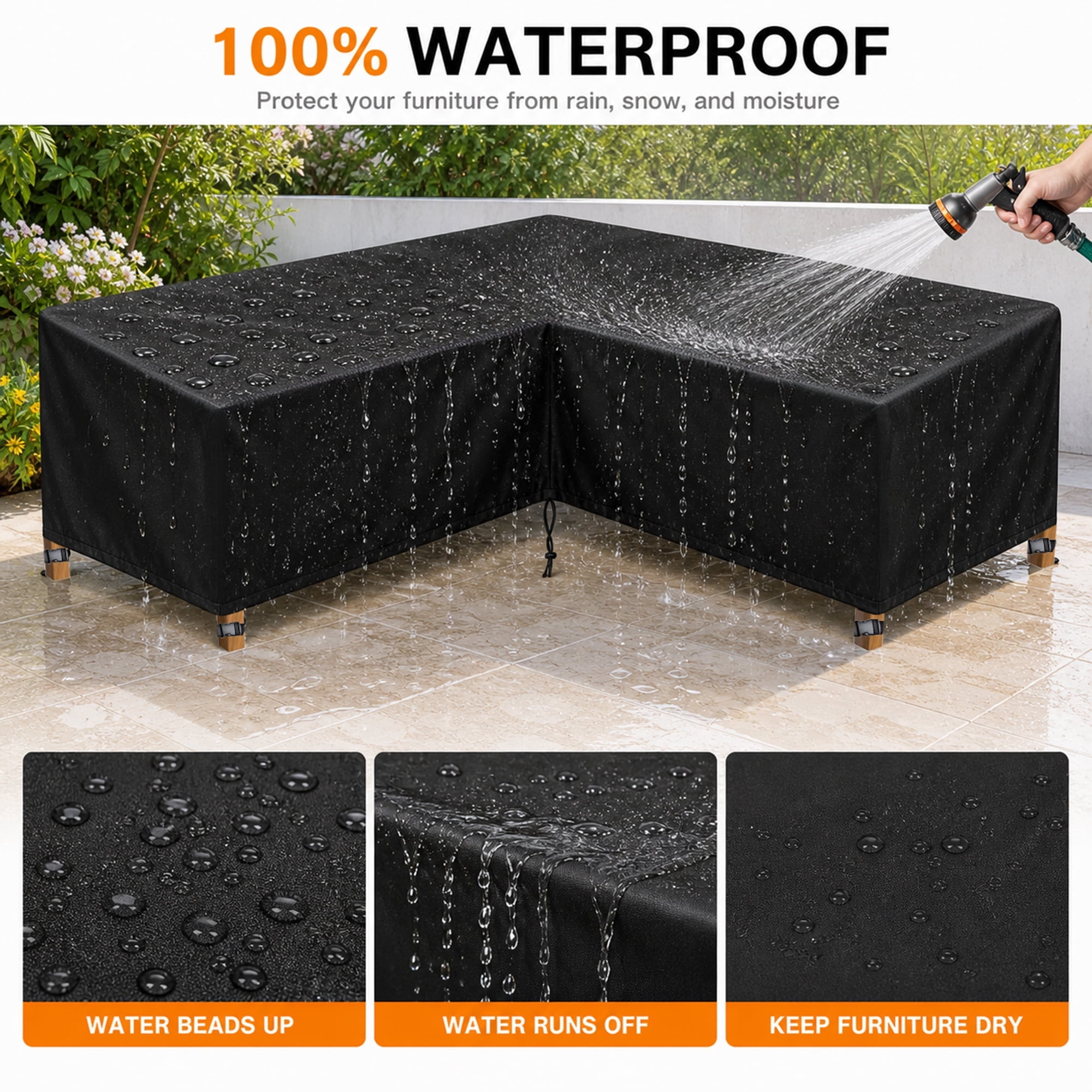 COSYUMI Patio V-Shaped Sectional Sofa Cover, Waterproof Outdoor Sectional Cover, 420D Heavy Duty Garden Furniture Sofa Cover with 4 Windproof Buckles for Outdoor Indoor Sofa